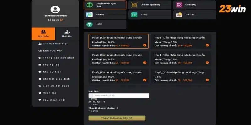Hướng dẫn chi tiết quy trình nạp tiền 23win an toàn và chính xác